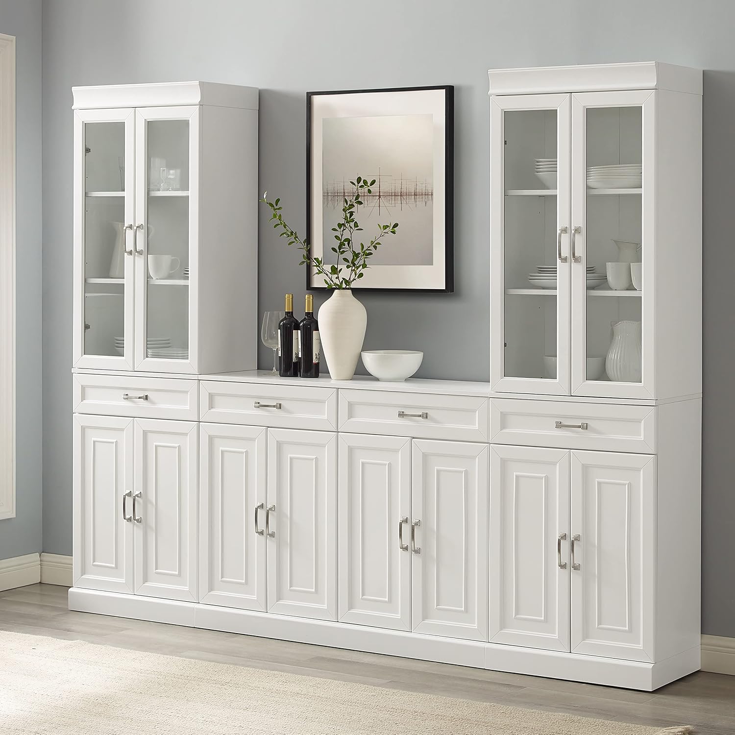 Crosley Furniture Stanton 3-Piece Sideboard and Glass Door Pantry Set, White
