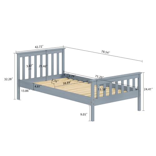 Full Bed Frames with Headboard, Solid Wooden Platform Bed with Corner, Modern Low Profile Bed Frame, No Box Spring Needed, Grey