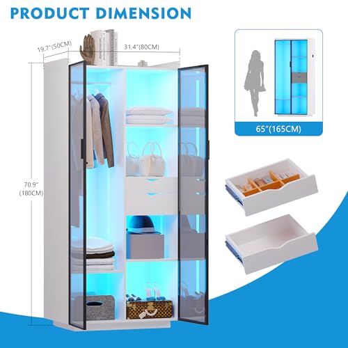 Lvifur 71” Armoire Wardrobe Closet with 3 Colors Light, Auto Sensor Closet Wardrobe Cabinet, Wooden Closet for Bedroom with Hanging Rod, Adjustable Shelves and Drawers, Black