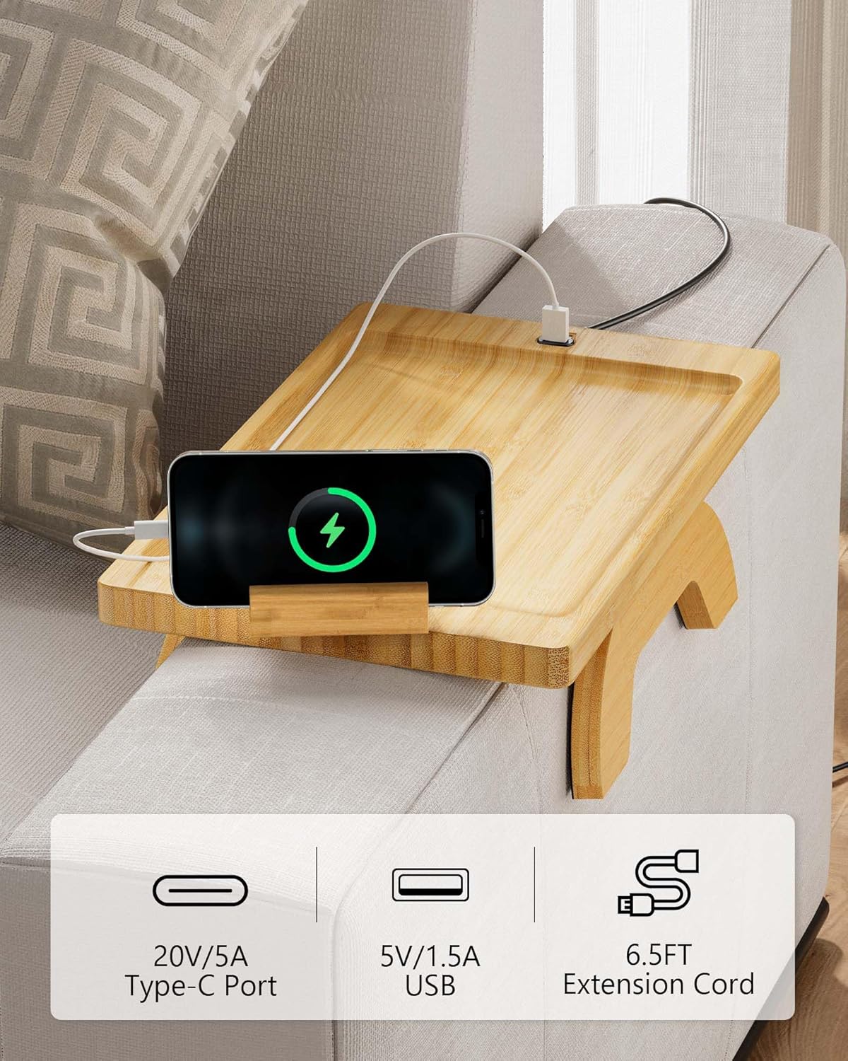 Sofa Arm Tray with Couch Cup Holder + Couch Arm Table with Type C Port & USB Port and 360° Rotating Phone Holder
