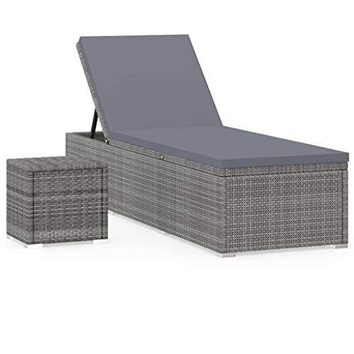 Sun Lounger with Cushion and Tea Table Poly Rattan Gray,Outdoor Sun Lounger with Adjustable Backrest and Cushioned Seat for Patio, Poolside, and Campsite Relaxation Outdoor Furniture, Outdoor Seating