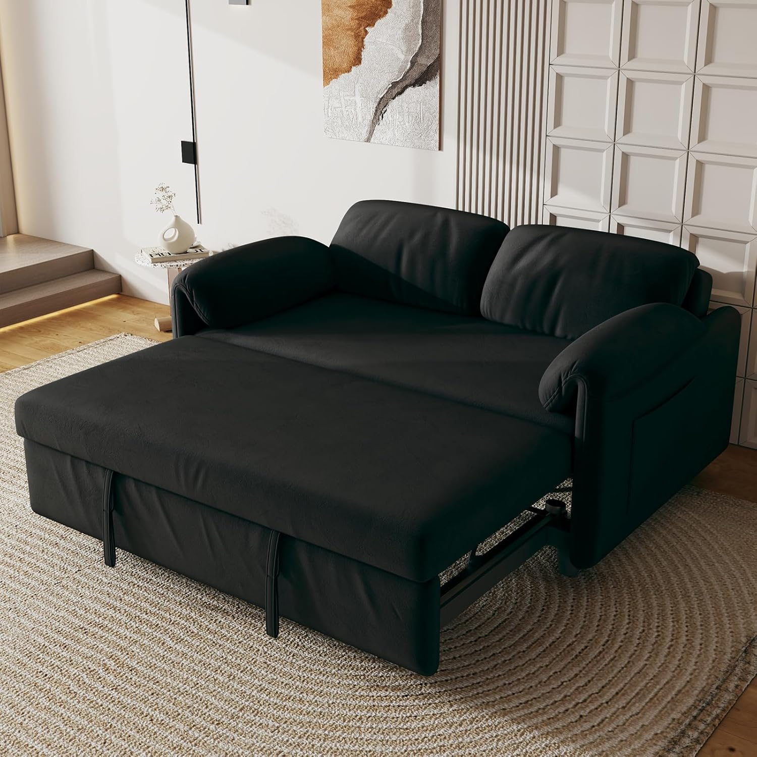 Pull Out Sofa Bed, 53'' Loveseat Sleeper, 3-in-1 Velvet Sleeper Sofa, Convertible Sofa Bed with Adjustable Backrest, Sleeper Couch for Living Room Bedroom Small Space (Black)