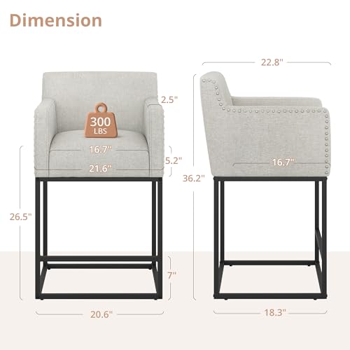 LUE BONA 27'' H Counter Height Bar Stools Set of 4，Modern Barstools with Open Arms, Black Metal Frames, Linen Fabric Upholstered Bar stool for Kitchen Island, Home Bar, Light Gray