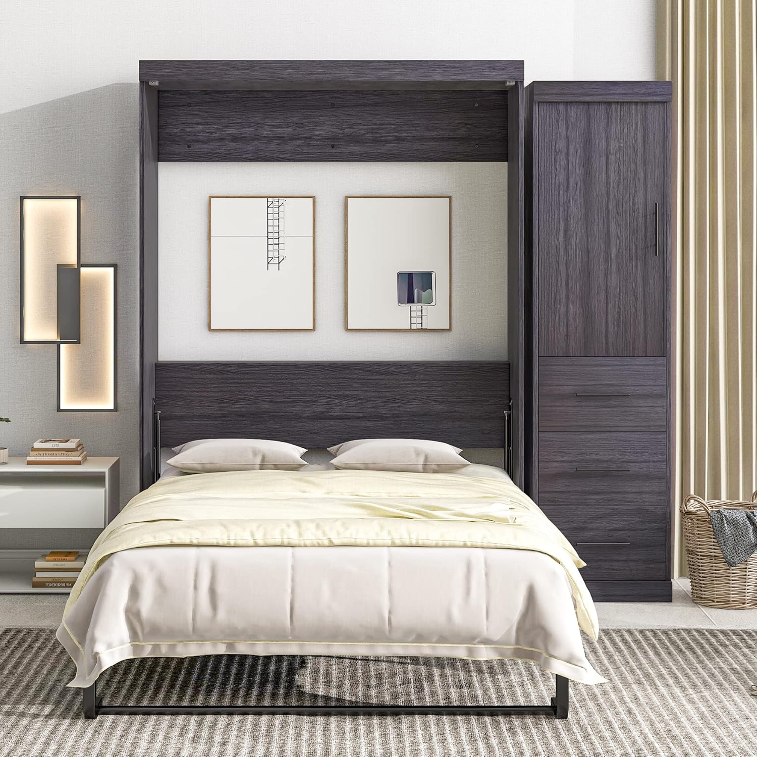 Murphy Bed with Wardrobe & Drawers, Full Size Folding Wall Bed with Wood Slat Support, Space-Saving Design, Classic American Cabinet Bed for Guest Room, Home Office, Gray