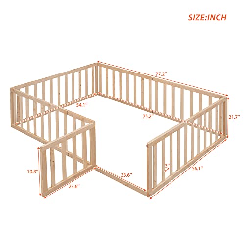 Twin Size Floor Bedframe Wooden Montessori Platform Bed with Safety Guardrails Fence and Door
