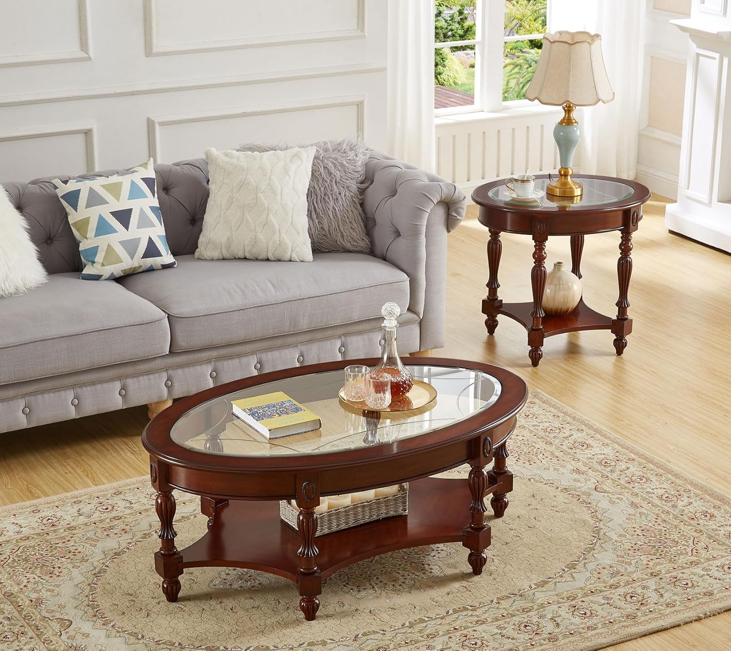 Oval Glass Coffee Tables, Traditional Solid Wood Coffee Table with Storage Shelf, Oval Cocktail Table for Living Room