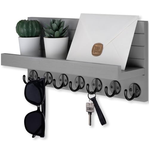 Key Holder Wall Mount, Entryway Key and Mail Holder with 7 Sturdy Hooks for Sunglasses, Dog Leash, Decorative Wall Shelf with Mounting Hardware, 15”W x 6.7”H x 4.2”D (Wood)