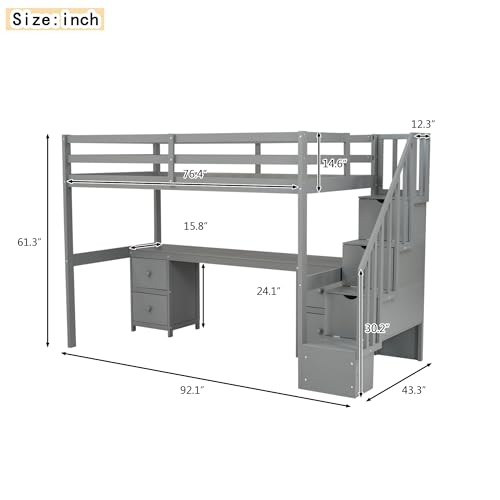 Modern Wooden Twin Size Loft Bed Frame with Built-in Desk and Double Storage Drawers,for Kids Teens Adults Bedroom Use (White@Desk1, Twin)