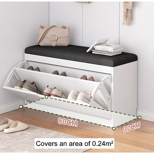 Shoe Bench, Bench with Shoe Storage,Lift Top Entryway Bench with Removable Cushion, Wood Shoe Rack with Shoe Storage Drawer and Doors for Entryway, Mudroom, Hallway, Closet and Garage (Color : White