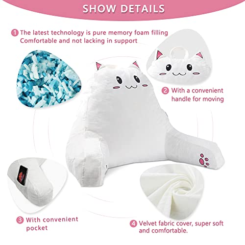 SUNSIDE Reading Pillow with Cat Design, Cute Back Pillows for Adult and Children, Shredded Memory Foam Pillow with Arms, Suitable for Sitting in Bed, Relaxing, Watching TV, Gaming