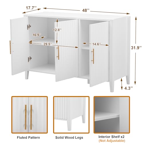 Amposei Accent Sideboard Cabinet 48-Inch Modern Credenza Console Cabinet Buffet Table with 3 Doors for Living Room Entryway, White