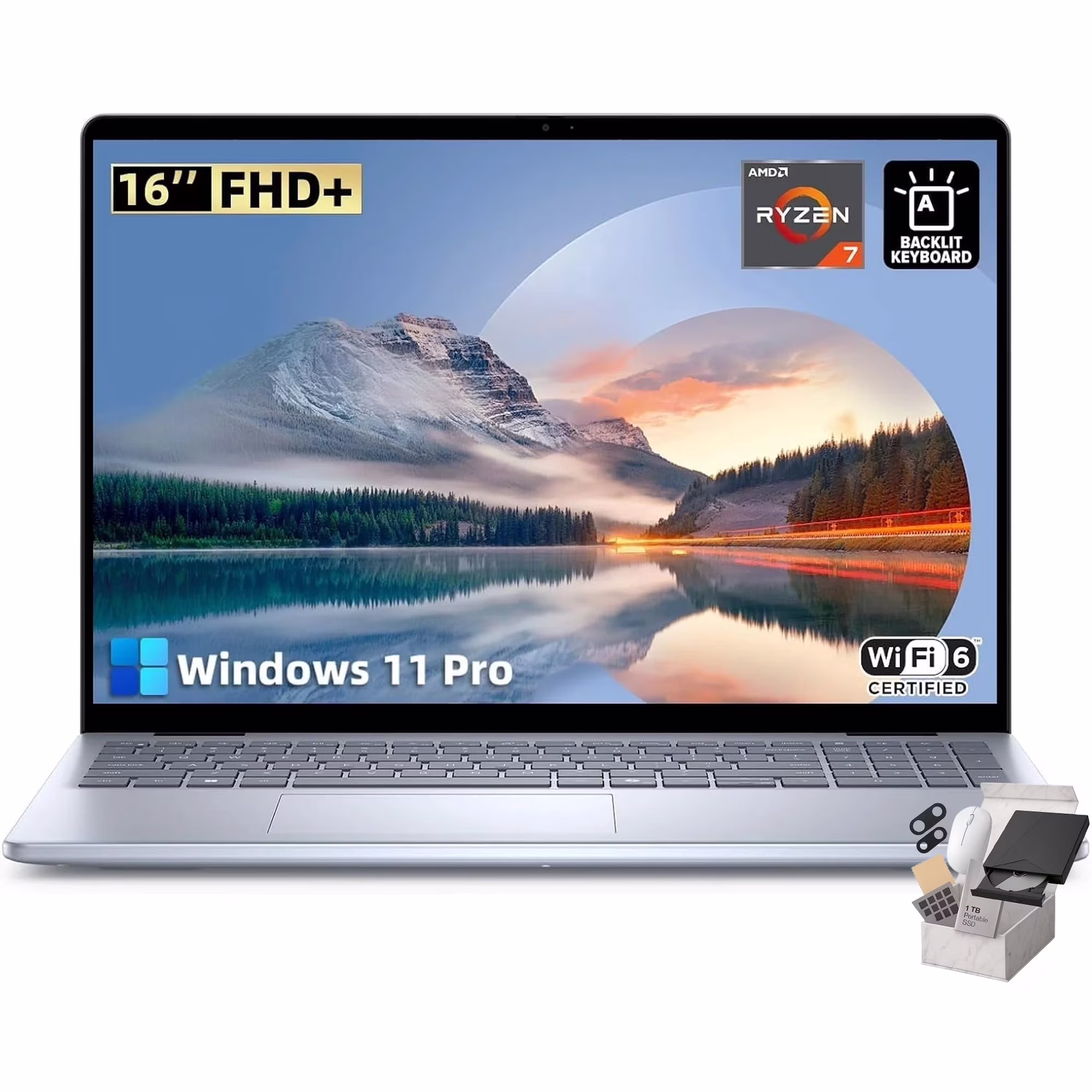 Dell Inspiron 16 Business Laptop, 16" FHD+ Display, AMD Ryzen 7-8840U, 64GB DDR5 RAM, 2TB SSD, Wi-Fi 6E, Backlit KB, Windows 11 Pro