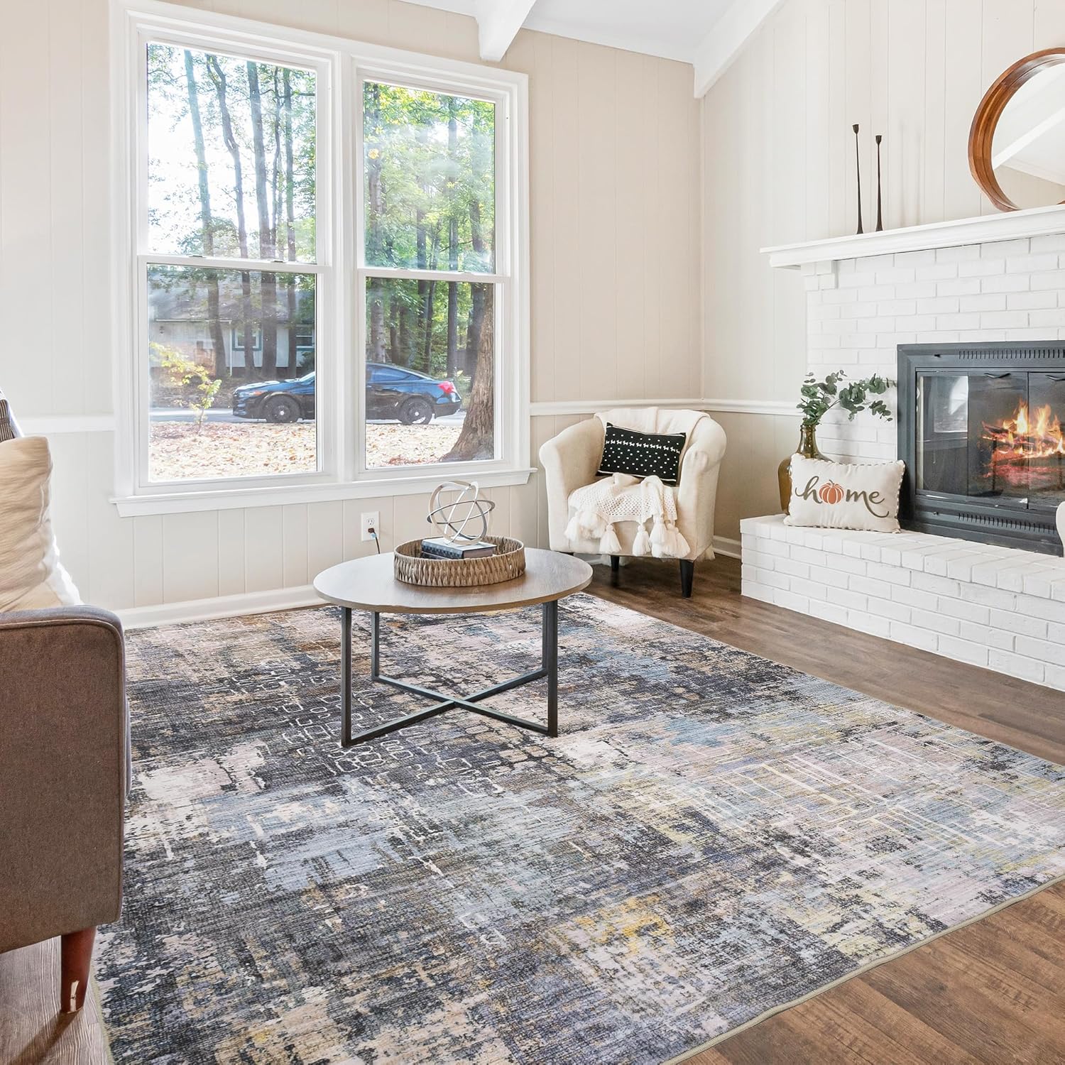 Abstract Area Rug 8x10, Washable Large Rugs for Living Room, Ultra Soft Non-Slip Bedroom Rug Print Distressed Non-Shedding Carpet Rug for Dining Room Dorm Office Grey/Aqua/Dark Pewter 8 x 10