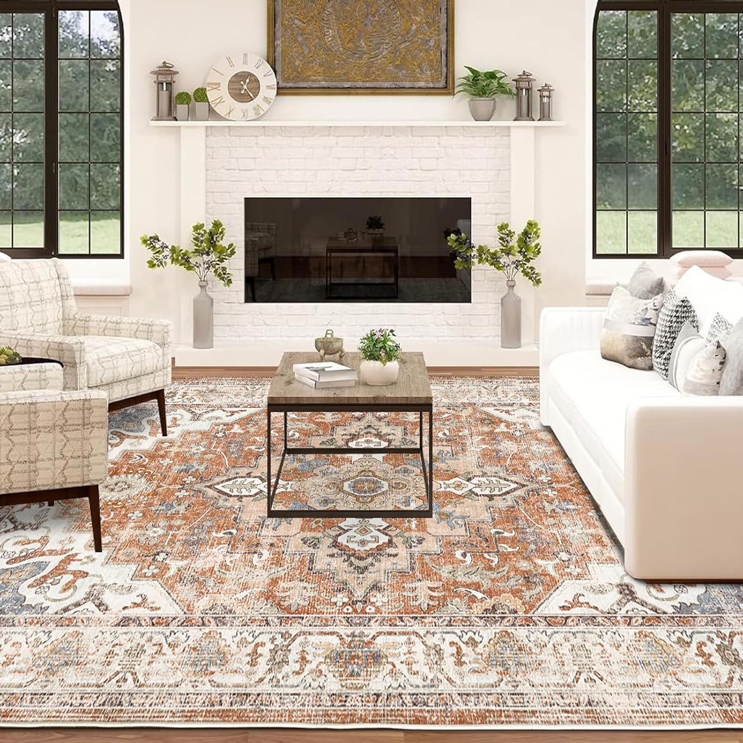 5x7 Area Rugs - Machine Washable Area Rugs 5x7 for Living Room, Soft Washable Rugs 5x7, Non-Slip Washable Area Rug, Stain Resistant Boho Low Pile Thin washable rug 5x7