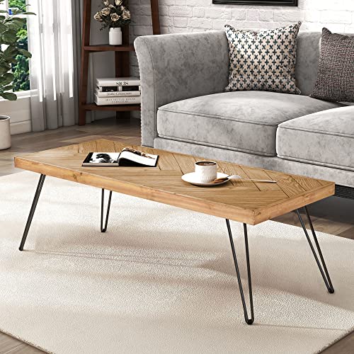 Modern Coffee Table, Easy Assembly Tea Table, Cocktail Table with w/Chevron Pattern & Metal Hairpin Legs for Living Room, Ash Wood Finished (Ordinary)