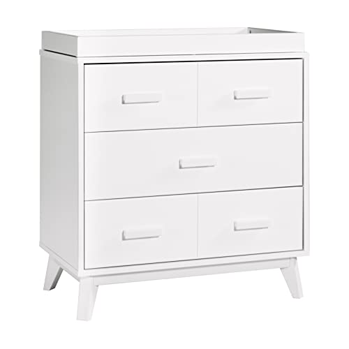 Babyletto Scoot 3-Drawer Changer Dresser with Removable Changing Tray in White and Natural Walnut, Greenguard Gold Certifie