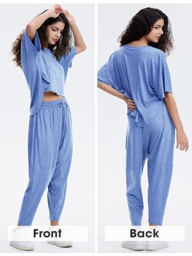 EXLURA Women's Summer 2 Piece Outfits Short Sleeve Crop Top and Jogger Pants Loose Pajama Lounge Matching Sets Tracksuit 2024