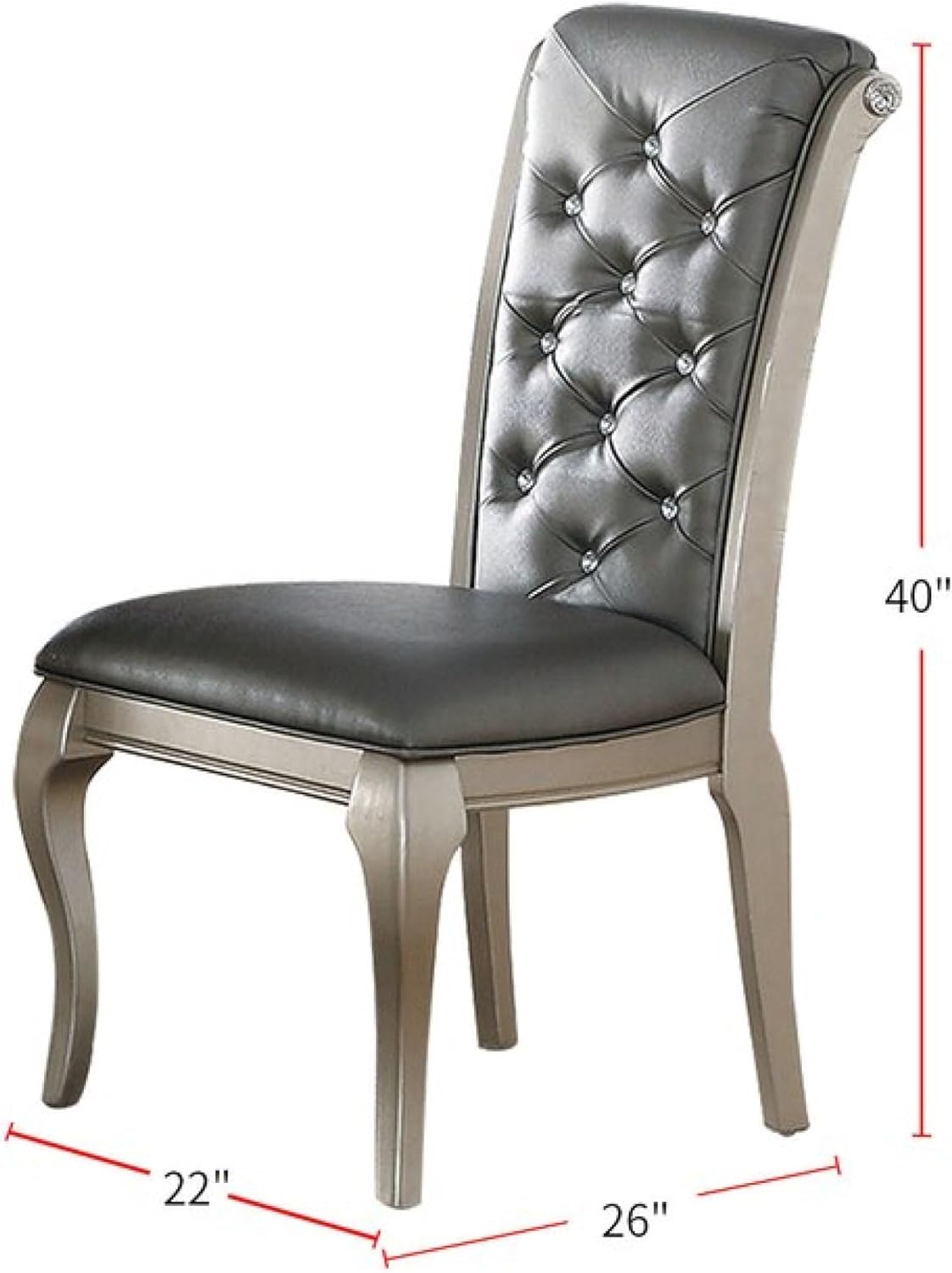 Luxury Antique Silver Wooden Set of 2 Dining Side Chairs Grey Faux Leather/PU Tufted Upholstered Cushion Chairs