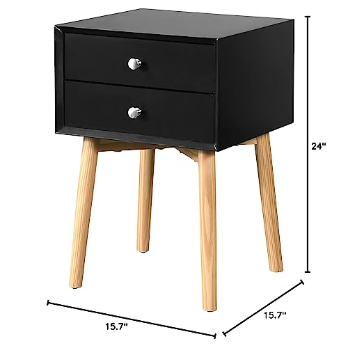 Small Nightstand with 2 Drawers and Rubber Wood Legs