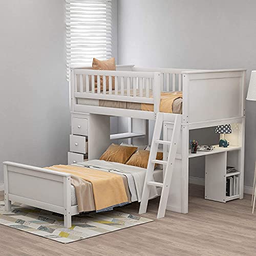 Twin Over Twin Bunk Bed, Rockjame Solid Wood Bedroom Furniture Bed Frame with 4 Drawers and Shelves, Wood Bed Frame with Ladder, Suitable for Kids and Teens (White) (Color : White)