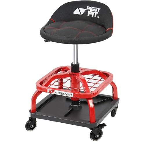 Rolling Shop Stool with Wheels, Garage Work Mechanic Stool with Backrest, Roller Mechanic Chair, Adjustable Height, 360° Swivel, Tool Tray Storage, 330 LBS Capacity, Heavy Duty, Red