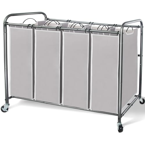 STORAGE MANIAC Laundry Sorter 4 Section, Laundry Hamper with Wheels, Laundry Basket Sorter, Laundry Separator Hamper, Laundry Divider Hamper, 4 Bag Laundry Hamper with Wheels and Removable Bags, Gray