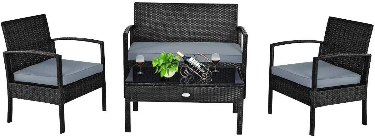 HAPPYGRILL 4-Piece Patio Furniture Set Rattan Wicker Sofa & Coffee Table Outdoor Conversation Set for Patio Garden Poolside