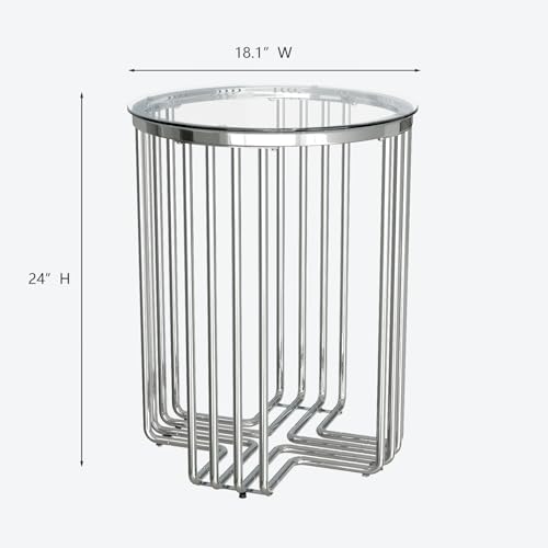 Silver Side Table, Modern Round End Tables for Living Room Office Small Spaces, Glass End Table with Metal Frames, Nightstand for Bedroom, Bedside Furniture, Easy Assembly