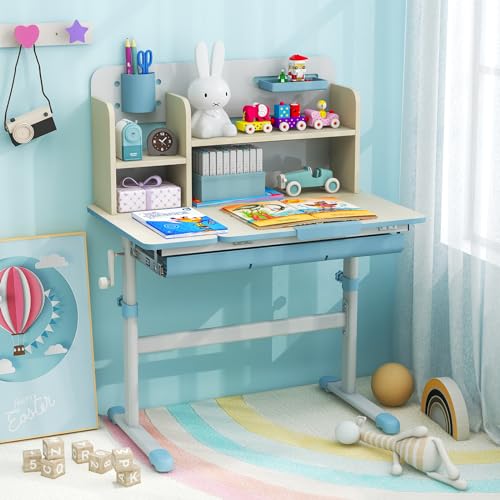 Costzon Kids Study Desk, Height Adjustable Children School Desk with Storage, Tilt Desktop, Pen Holder & Scale Ruler, Student Computer Desk Writing Table for Home School Use, Desk for Kids (Blue)