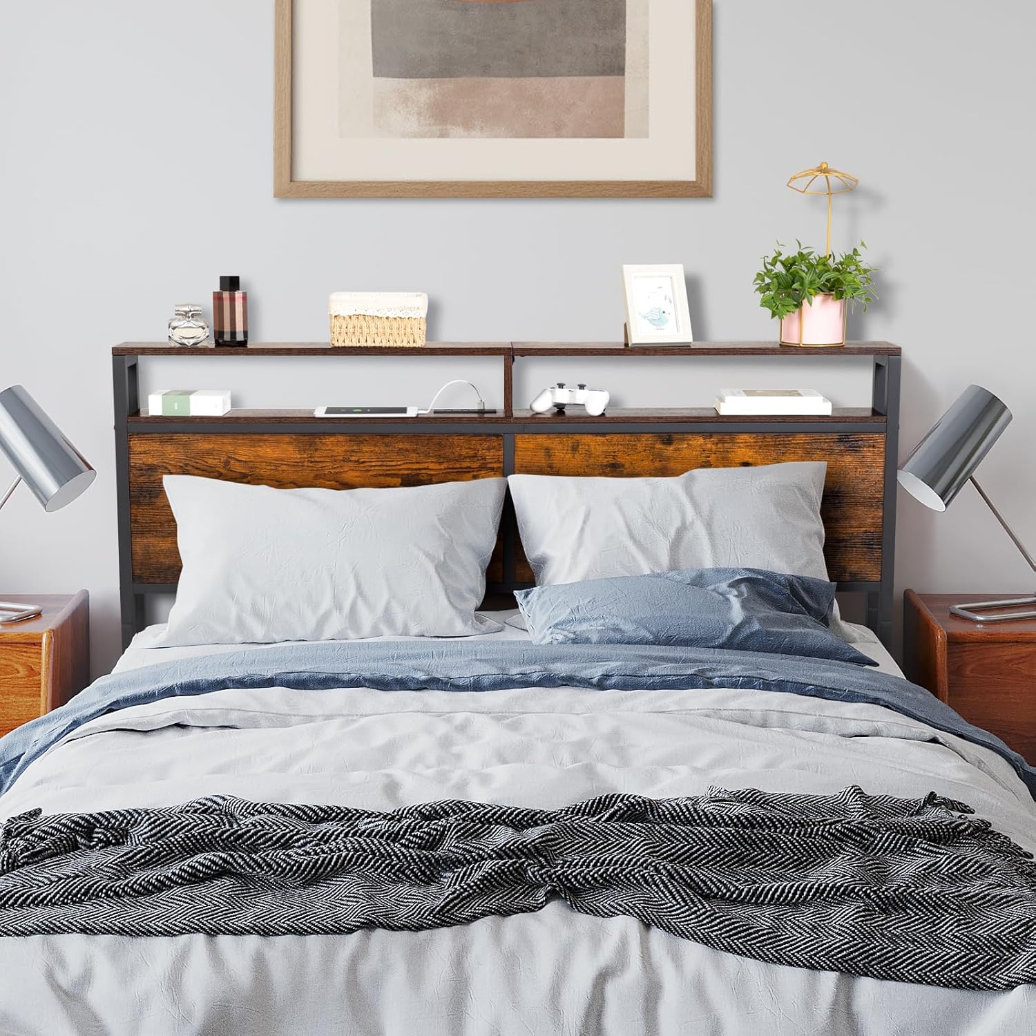 Metal and Wood Headboard with Charging Station,Dresser for Bedroom with 4 Drawers