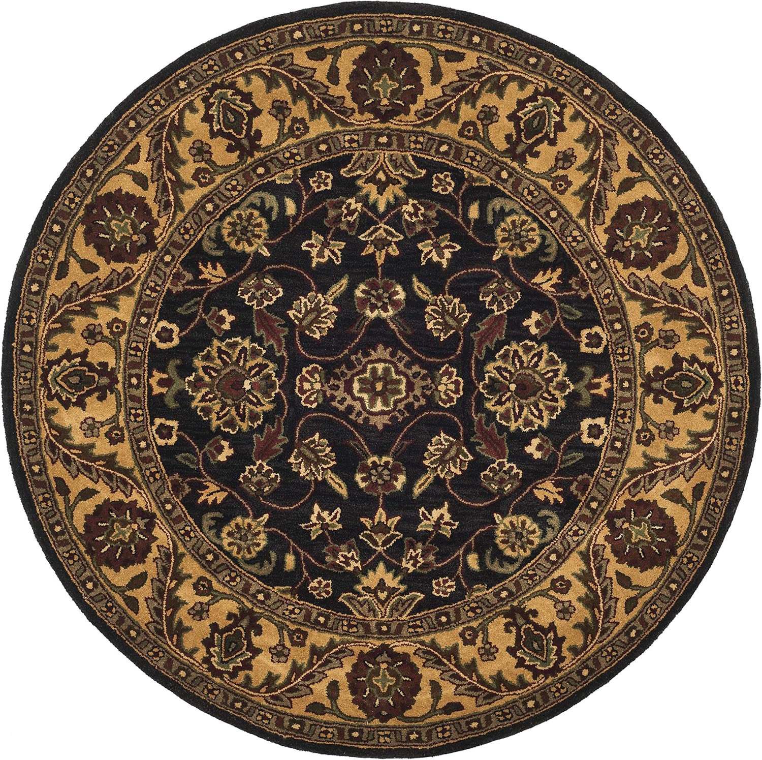SAFAVIEH Golden Jaipur Collection Area Rug - 8' Round, Black & Gold, Handmade Traditional Wool, Ideal for High Traffic Areas in Living Room, Bedroom (GJ250D)