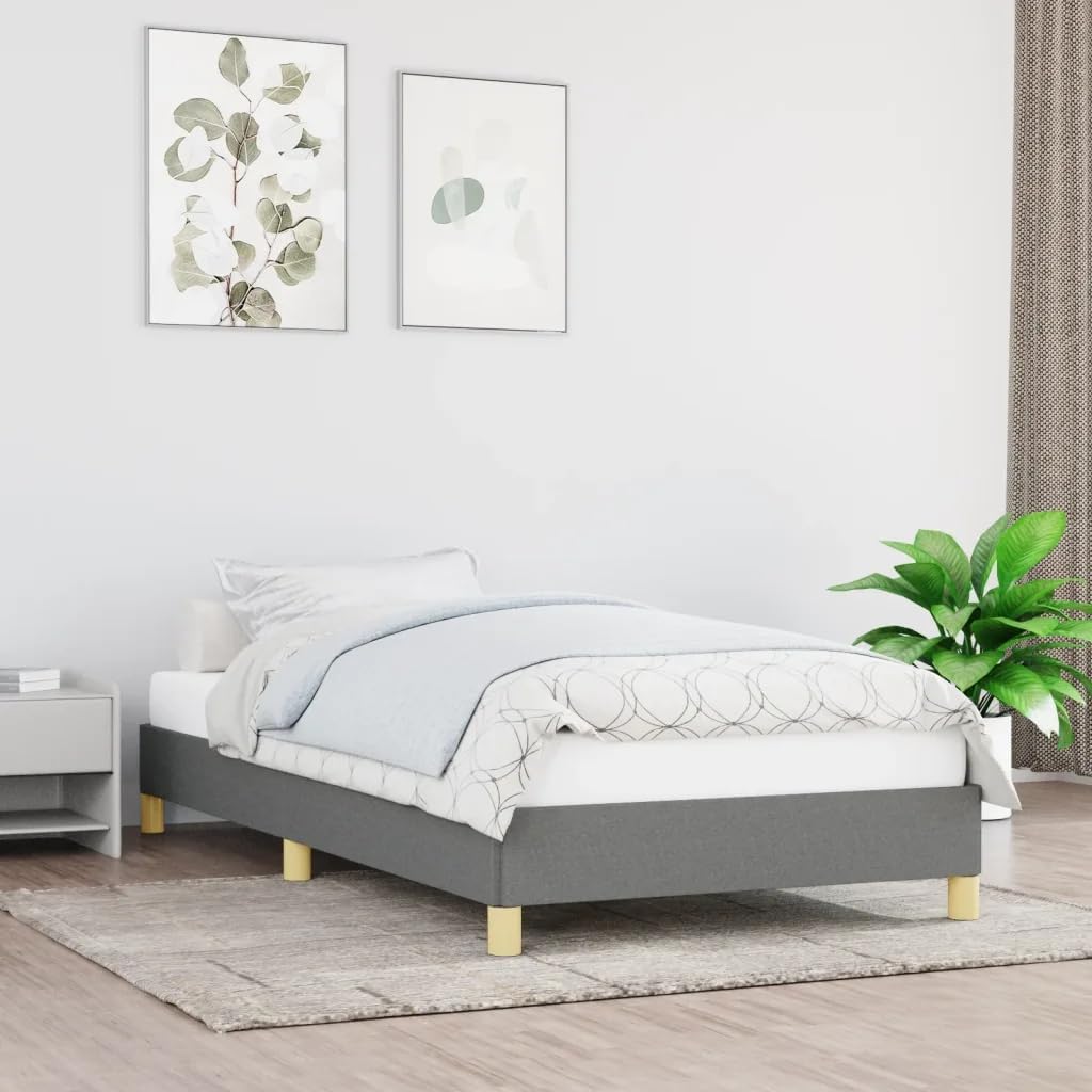 vidaXL Twin Bed Frame in Dark Gray, Modern Design, Durable Fabric, Sturdy Legs, Plywood Slats, Easy Assembly, Suitable for 39.4
