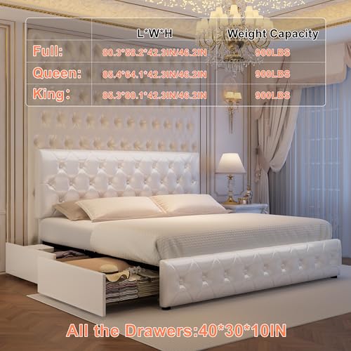 Queen Bed Frame with 4 Drawers, Adjustable Upholstered Headboard Platform Bed, No Box Spring Needed, PU White