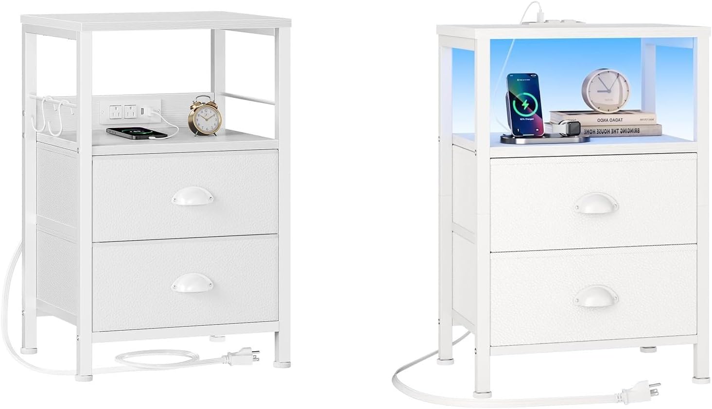 Furologee white nightstand with Charging Station, Night Stand with LED lights, end table with USB Ports & Outlets, Side Tables with Fabric Drawers, for Living Room/Bedroom