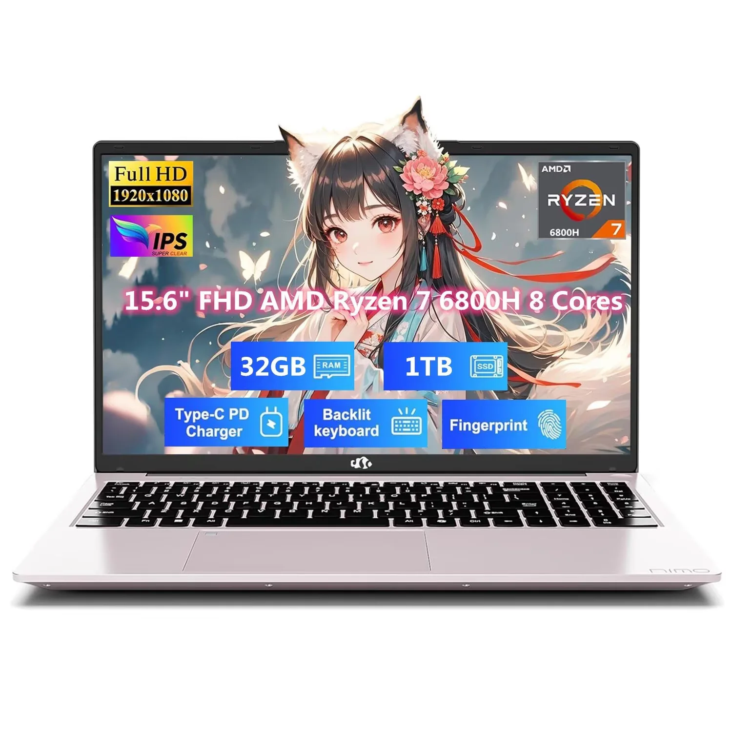 15.6" IPS FHD Gaming Laptop 8 Cores AMD Ryzen 7 6800H(Beat Intel i7-12700H, Up to 4.7GHz) 32GB DDR5 RAM 1TB SSD AMD Radeon 680M GPU-Computer 100W Type-C Backlit Keyboard Fingerprint RoseGold