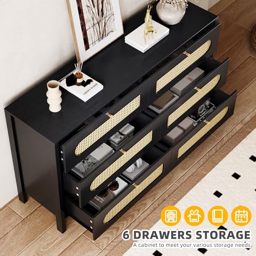 YITAHOME Rattan TV Stand up to 55'' - Boho Entertainment Center with 6 Storage Cabinet and Golden Handles - TV Media Console for Living Room/Bedroom/Office - Natural Oak