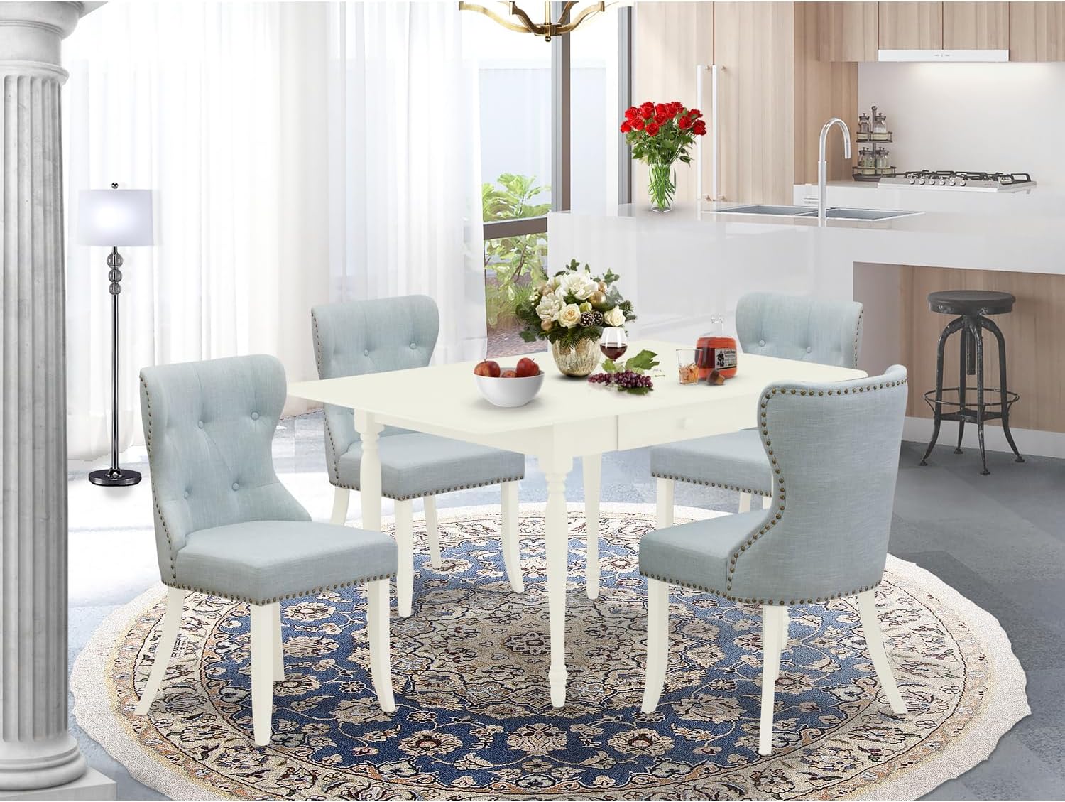 Coastal Cool Furniture - A Wooden Dining Table Set f 4 Wonderful Dining Room Chairs with Linen Fabric Baby Blue Color & A Beautiful Drop Leaf Rectangle Kitchen Table