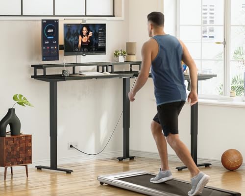 AODK Electric L Shaped Standing Desk with Monitor Stand, 59 Inch Height Adjustable Corner Desk with Power Outlets, Large Sit Stand Table, Reversible Computer Desk for Home, Office, Black