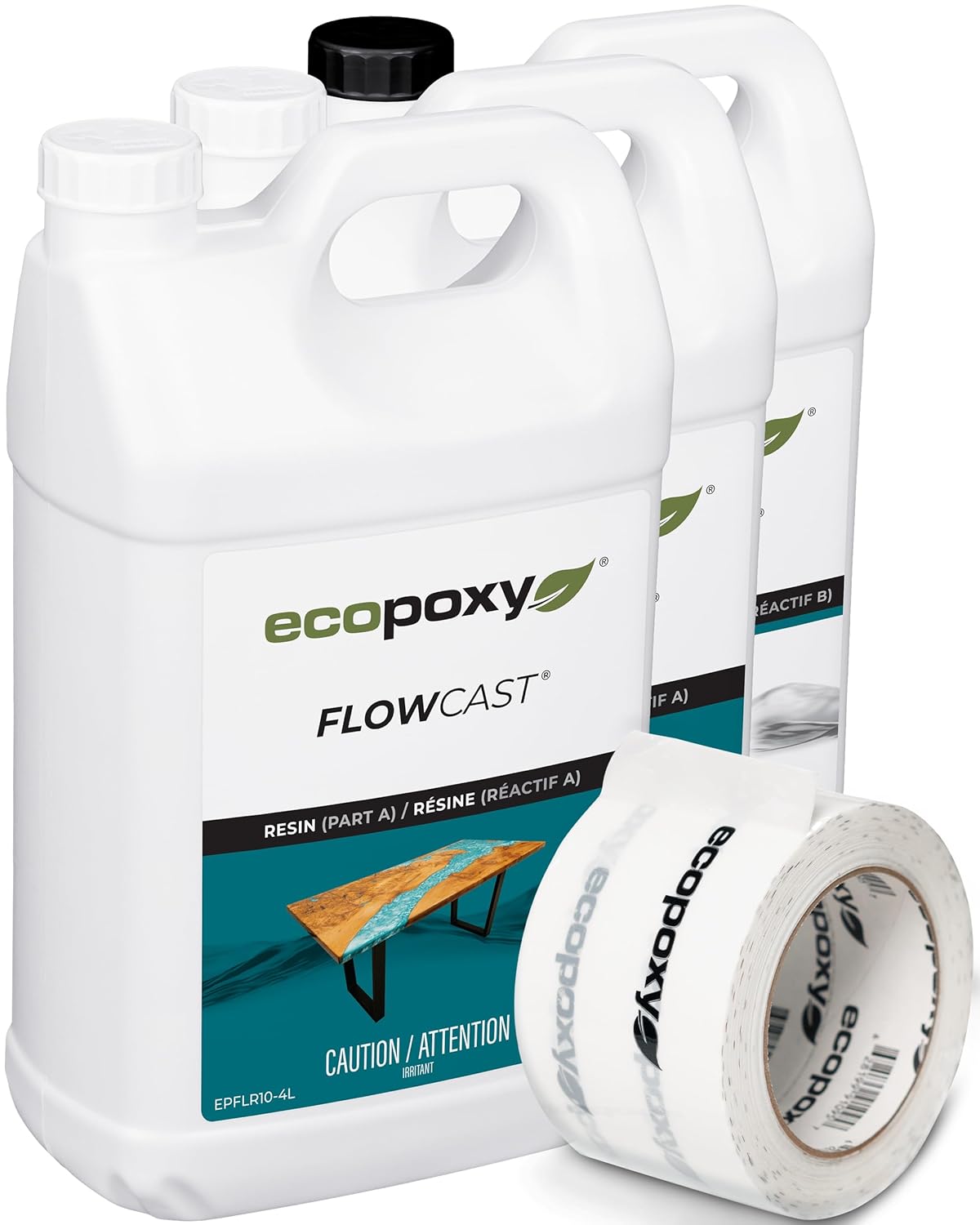 FlowCast Deep Pour Epoxy Resin Kit - 3.2 Gal +Tape 46 ft²: UV & Yellowing Resistant, Bio-Based Resin | Water Clear Epoxy for River/Ocean Tables & other Deep Casting Bubble Free Epoxy Projects
