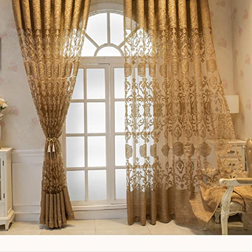 Amidoudou 1 Pair Luxury European Sheer Curtains Hollow Embroidered Tulle Curtains for Bedroom Living Room (Gold,54x96 Inch)