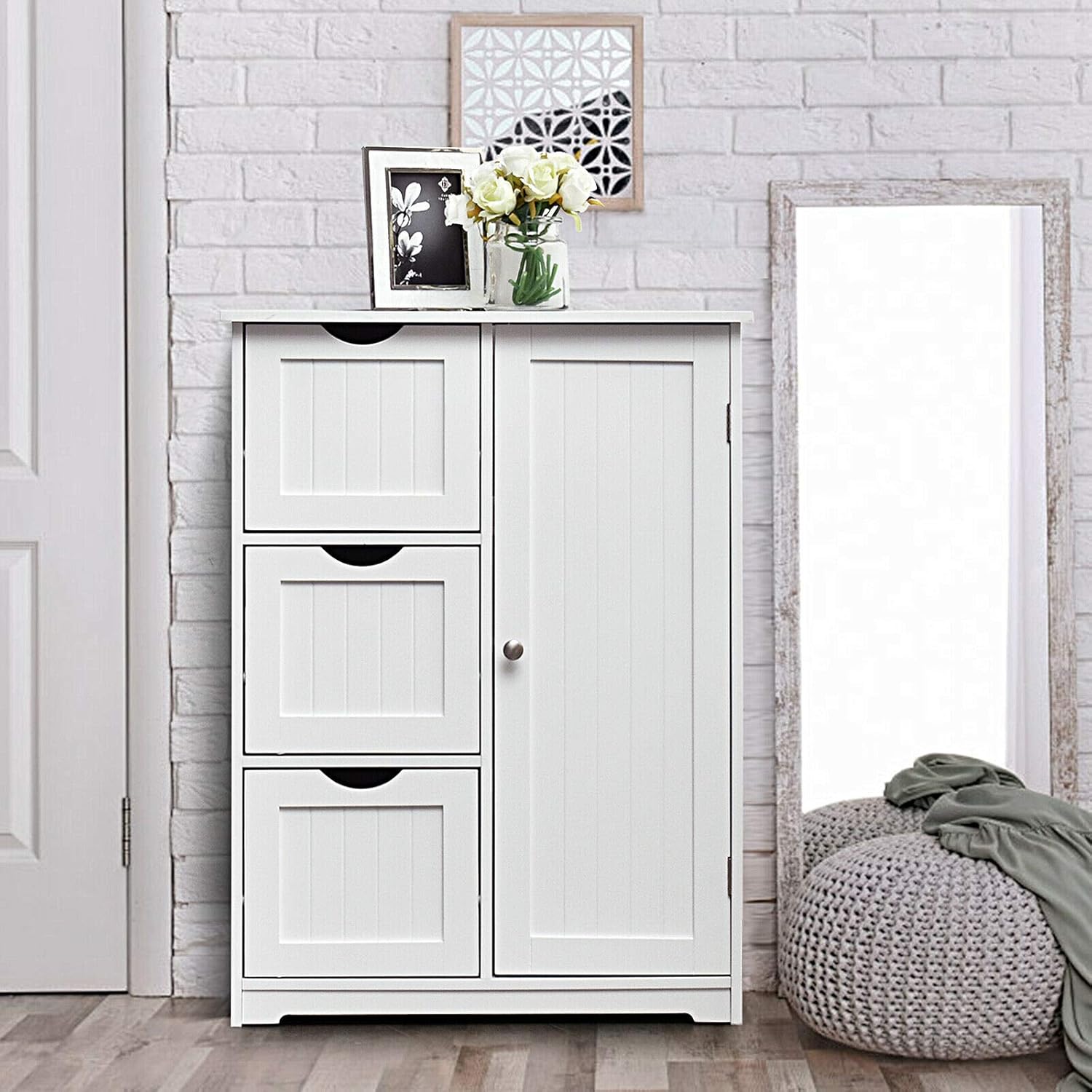 Elegant Design Multifunction Freestanding Bathroom Floor Cupboard Cabinet Storage Organize with 3 Drawer Adjustable Sturdy Durable for Toilet, Living Room, Bedroom, Corridor, Office White