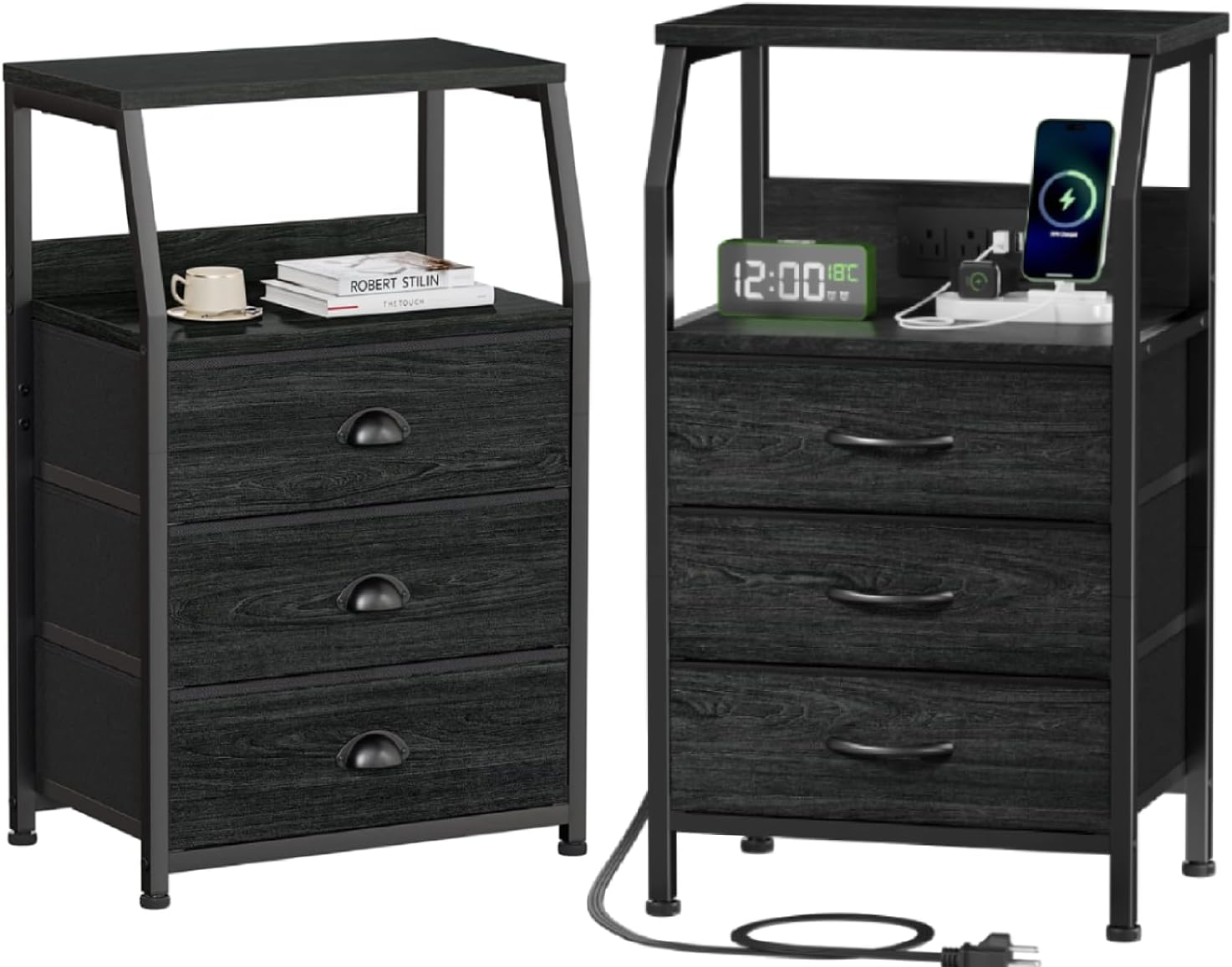 Furnulem Nightstands Set of 2, Small Nightstand with 3 Fabric Storage Drawers and 2-Tier Shelf+Night Stand with Charging Station