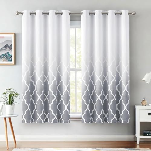 Metro Parlor Ombre Full Blackout Curtains 84 Inches Long 2 Panels for Living Room Bedroom Grey White Moroccan Geo Patterned Room Darkening Thermal Insulated Grommet Top Window Treatment Drapes,52x84