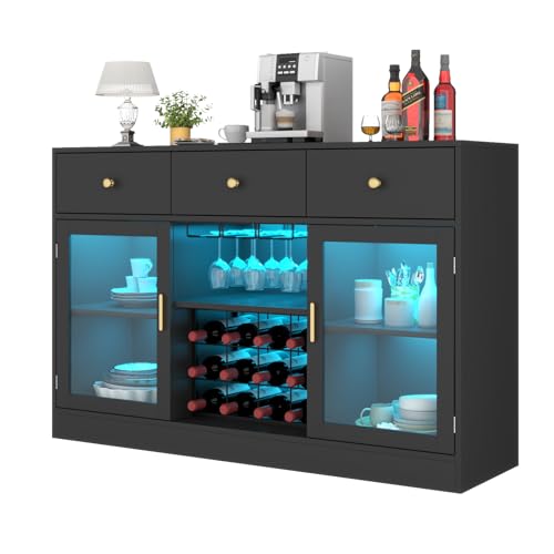 Wine Bar Cabinet with LED Light, Home Coffee Cabinet with Wine and Glass Rack, Kitchen Buffet Sideboard with Storage Cabinet&Drawers, Modern Liquor Cabinet for Living Room Dining Room (Black.)