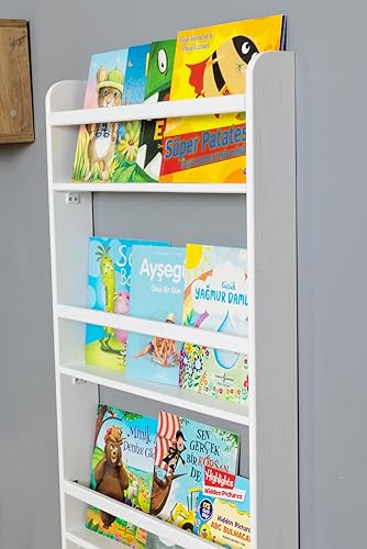 Handmade Solidwood Wall Mounted Montessori Kids Bookshelf, 4 tier Book Display for Children Bedroom, Nursery Furniture Bookcase, Wood Pine Tree Book Organiser for Living Room (Walnut)