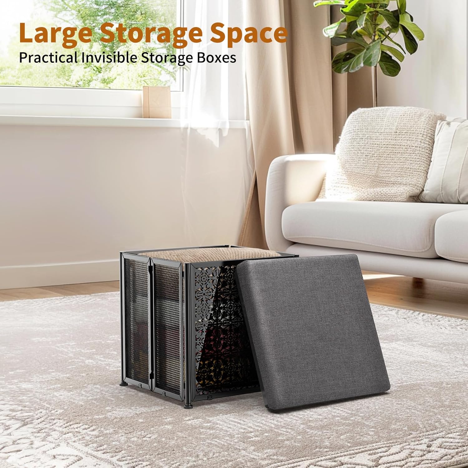 Storage Ottaman Foot Rest, 15.7 Inchs Folding Storage Ottoman Cube, Small Linen Ottaman with Storage, Steel Frame, Loads Up to 600 lb, for Living Room, Bedroom, Black