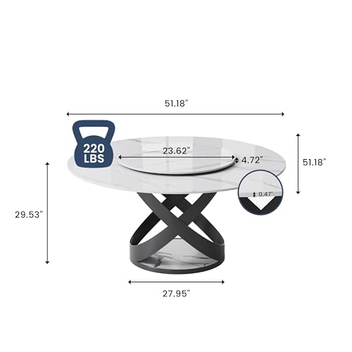 POVISON Round Dining Table for 4-6, Modern Dining Room Table Built in Lazy Susan, 51'' Black Sintered Stone Dining Table top with Crossover Carbon Steel Base (Dining Table Only)