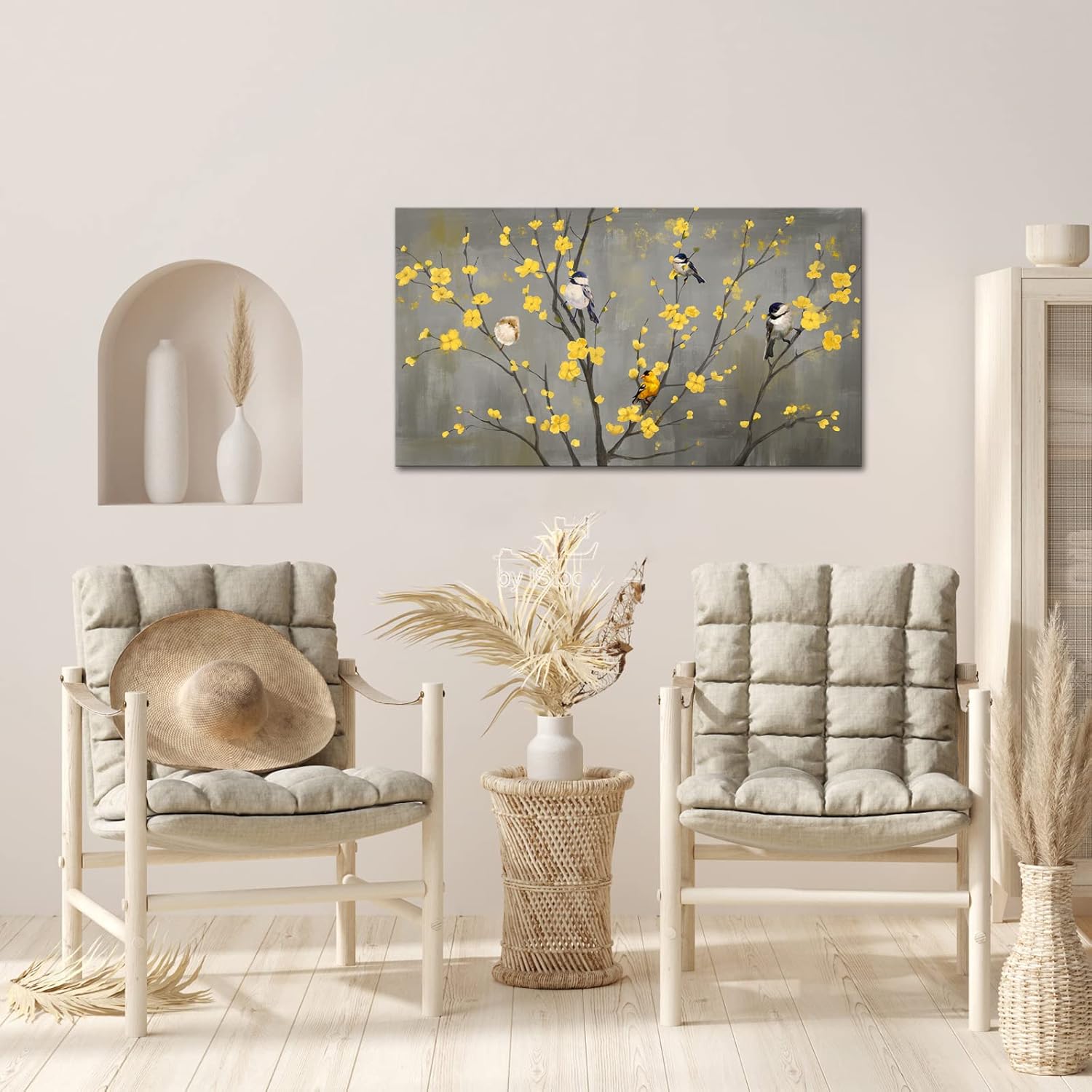 iHAPPYWALL Large Floral Bird Canvas Wall Art Abstract Birds on Flower Tree Branch Yellow and Gray Artwork for Modern Home Bedroom Decor Ready to Hang 20x36inch