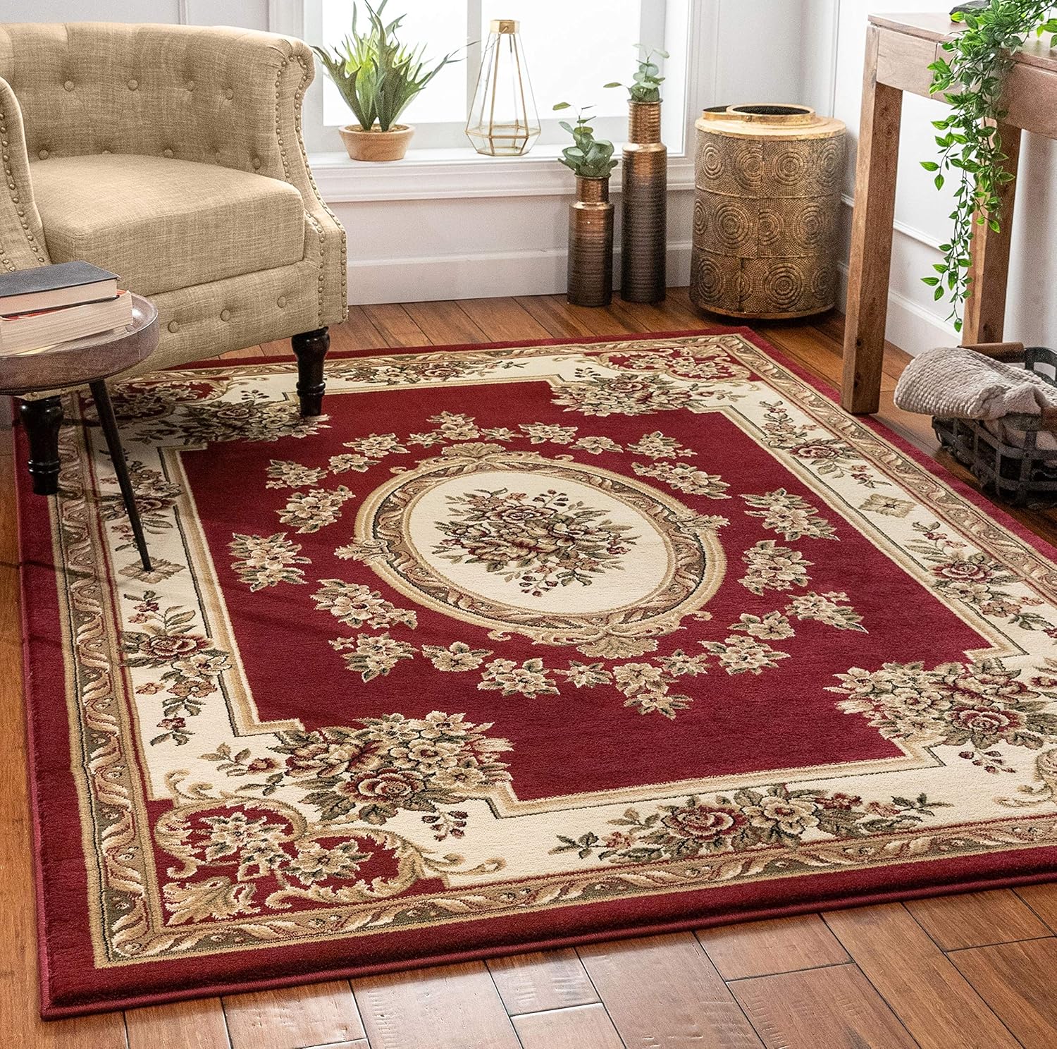Well Woven Timeless Collection Le Petit Palais Red 6x9 Luxurious Traditional French Aubusson Medallion Oriental Area Rug Perfect for Living Room Bedroom or Dining Room Easy-to-Clean Durable Design