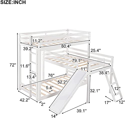 L-Shaped Triple Bunk Bed, Rockjame Twin Over Twin Bunk Bed Frame with Attached Twin Loft Bed, Ladder and Slide for Kids and Young Teens (White) (Color : Grey)